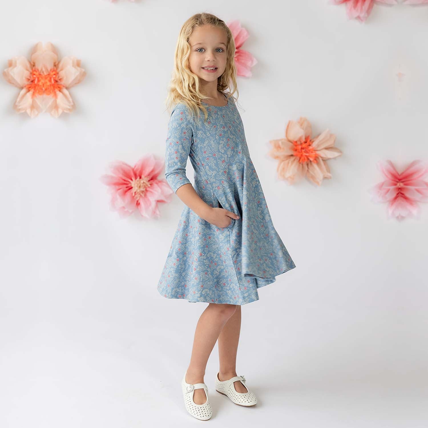 Kids Organic Cotton 3/4 Sleeve Twirl Dress: Cherry Blossom