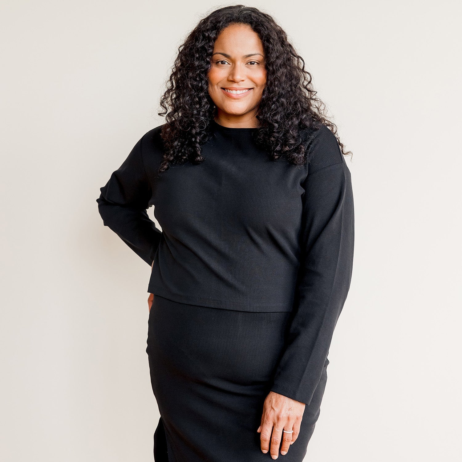 Organic Cotton Long Sleeve Rib Knit Crop Top in Black