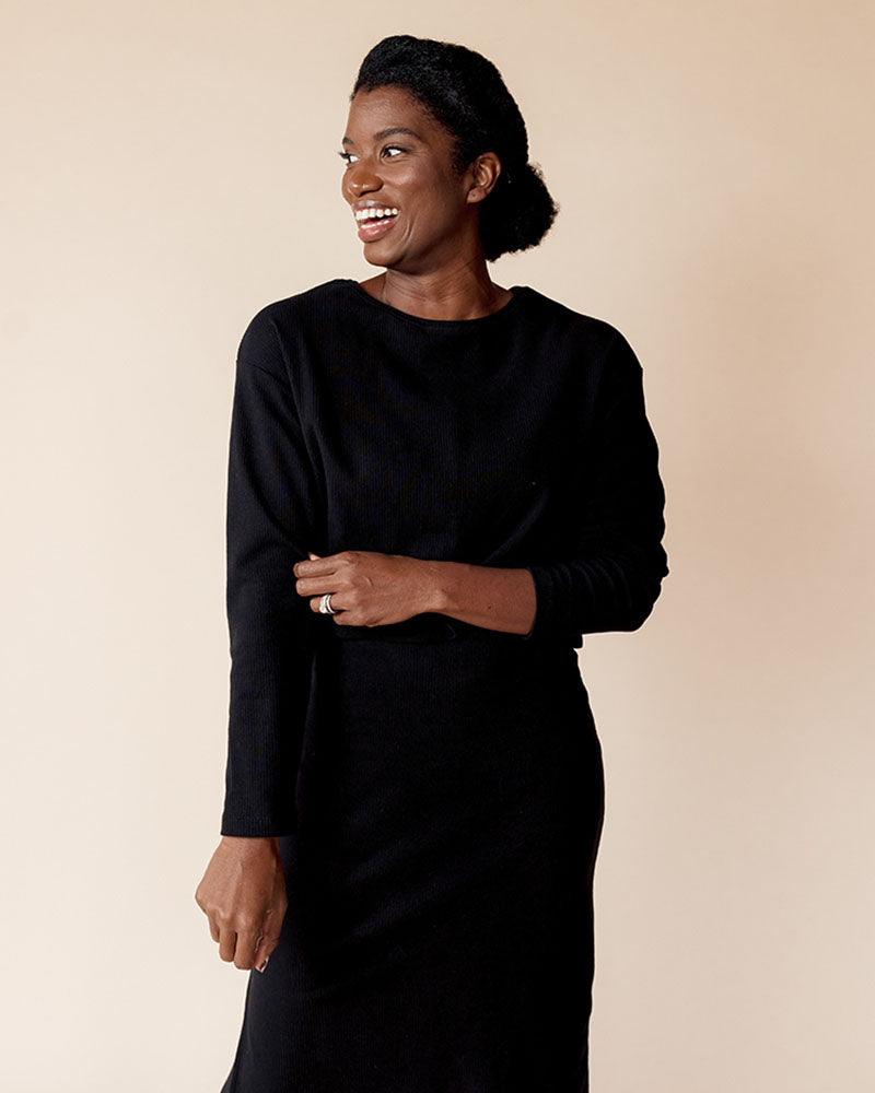 Long Sleeve 2-Piece Rib Knit Dress Set in Black
