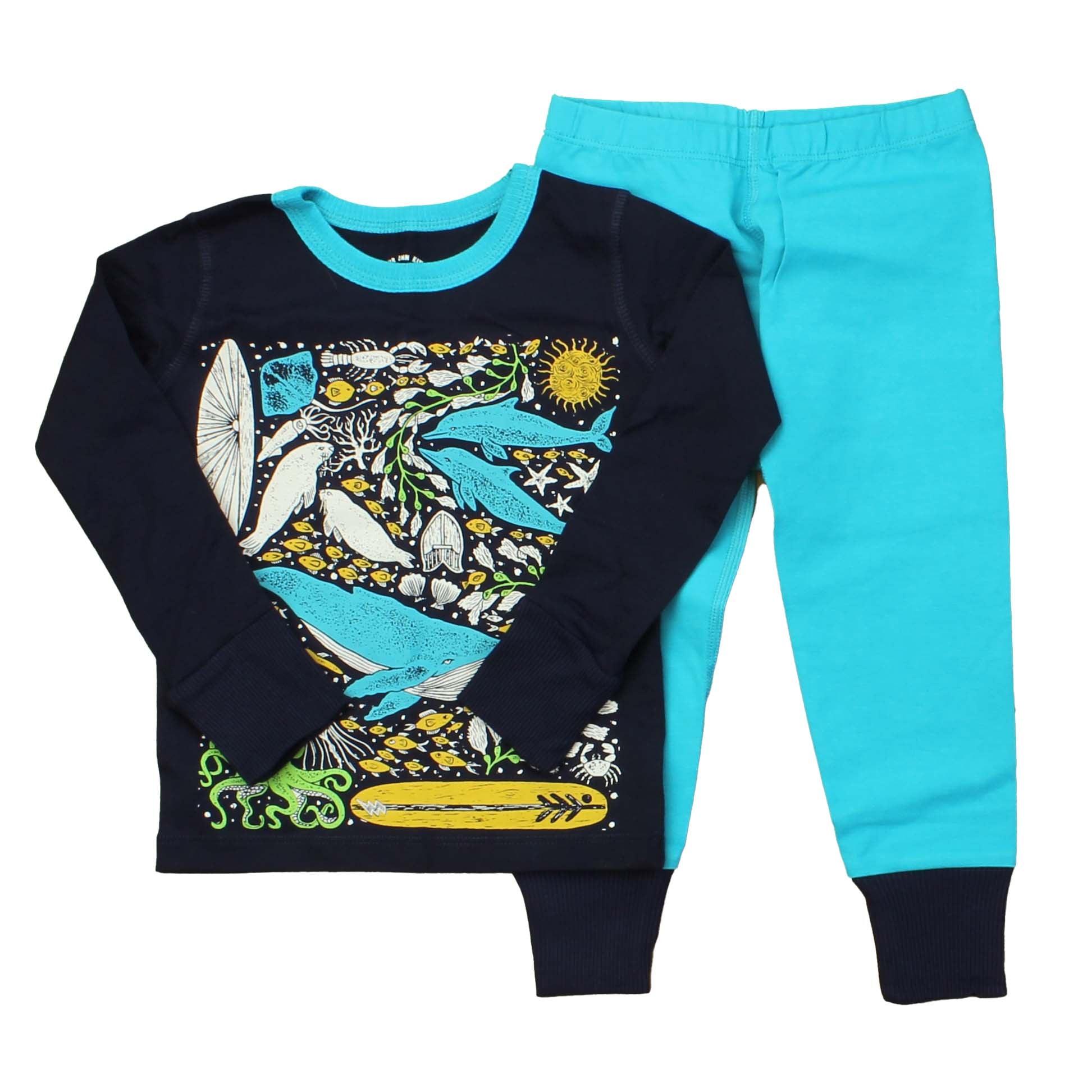 Pre-owned Navy | Turqouise | Marine Life PJ Set size: 2T