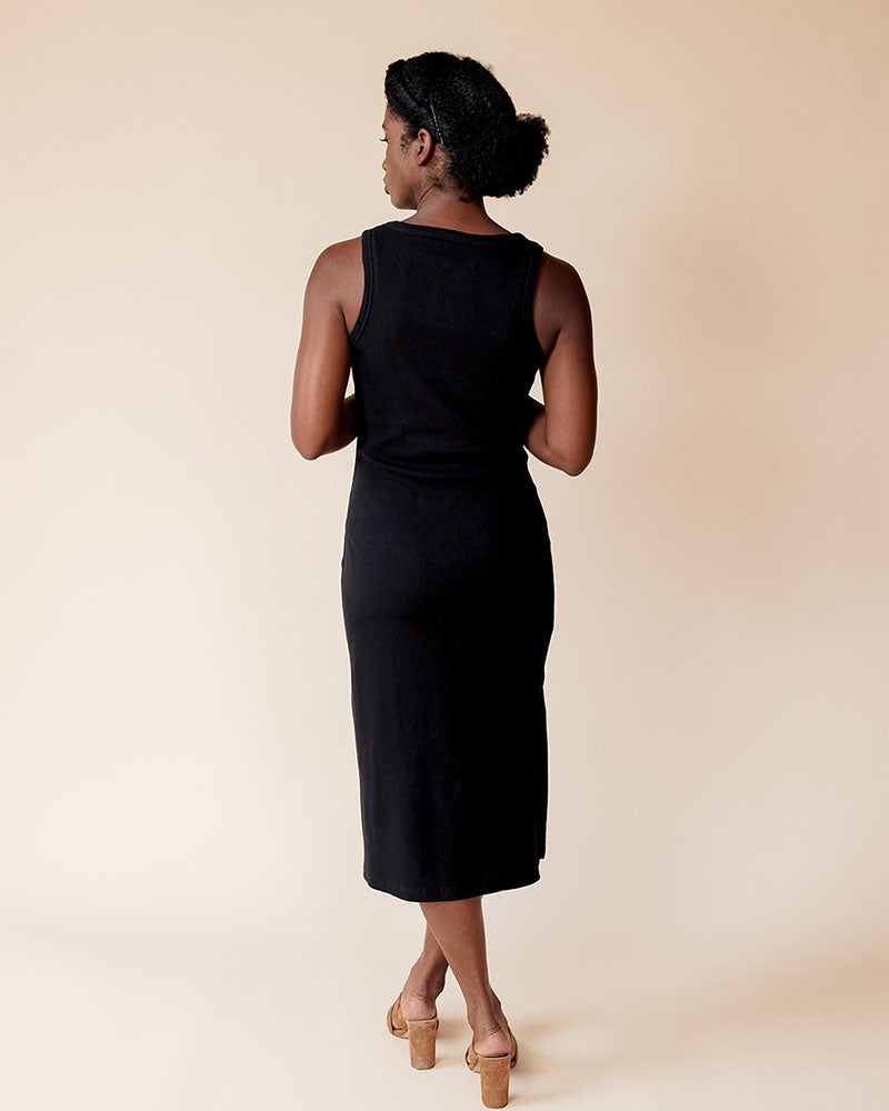 Organic Cotton Rib Knit Tank Midi Dress in Black