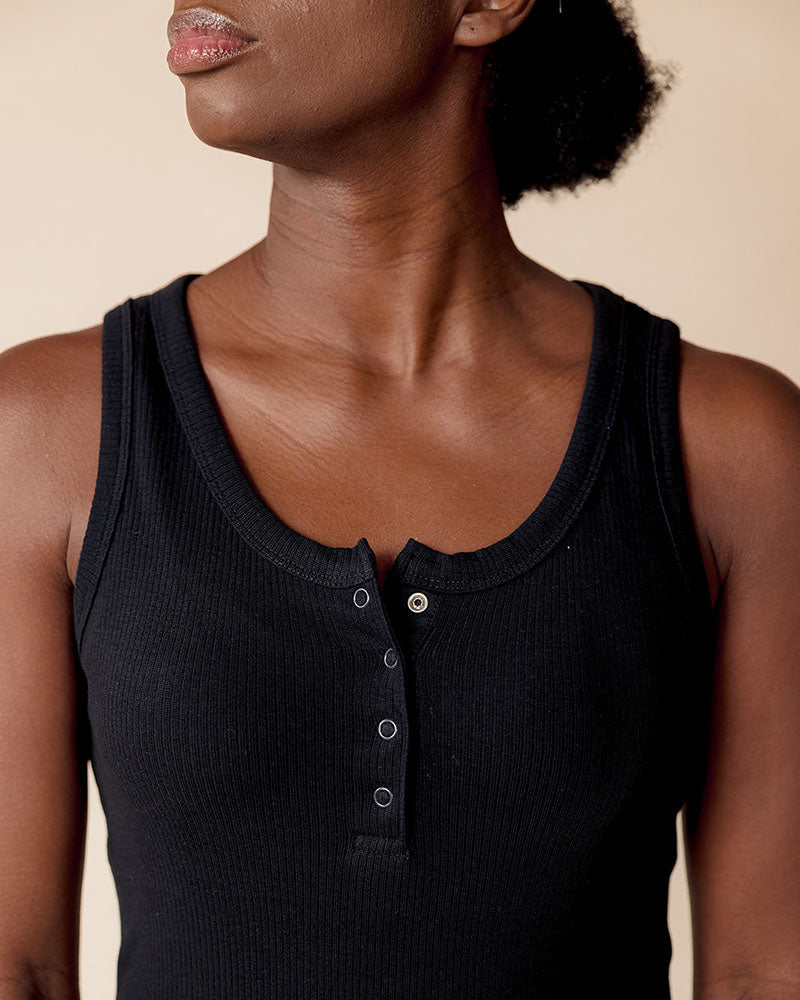 Organic Cotton Rib Knit Tank Midi Dress in Black