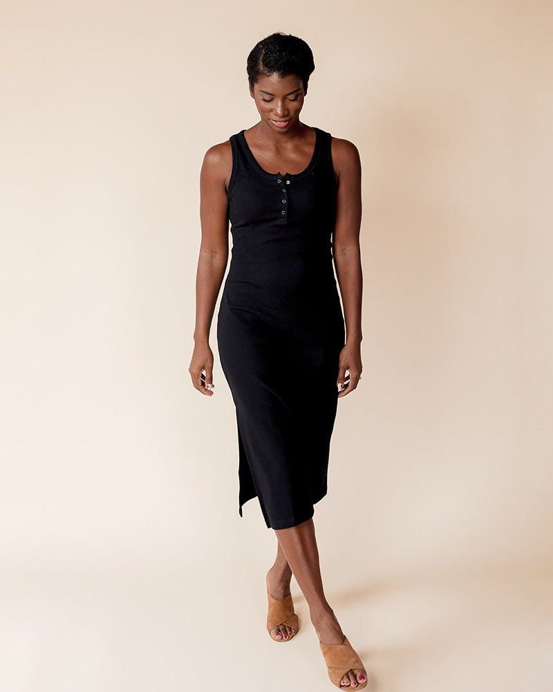 Organic Cotton Rib Knit Tank Midi Dress in Black