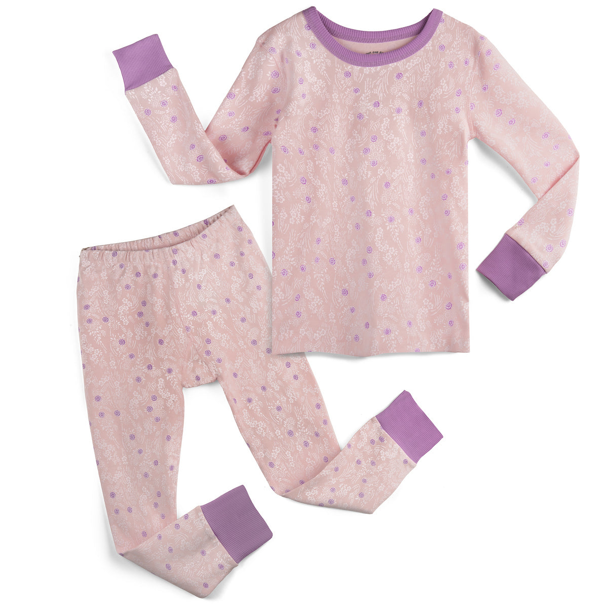 Children's pajama set with pink and purple pattern on a white background