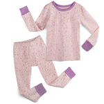 Children's pajama set with pink and purple pattern on a white background