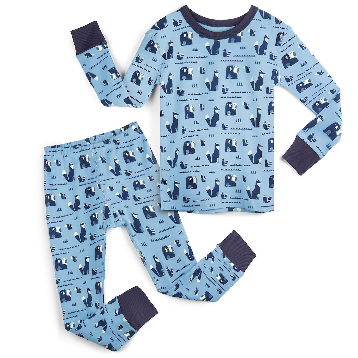 Children's pajama set with bear and fox pattern on a light blue background