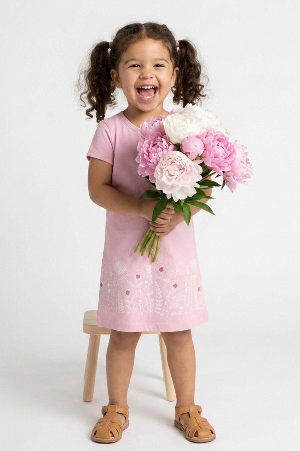 A young girl with curly brown hair in pigtails stands smiling and holding a bouquet of pink and white peonies. She is wearing a light pink short-sleeve dress with white floral embroidery and tan sandals, standing next to a small wooden stool against a white studio background.