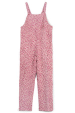 A sleeveless one-piece jumpsuit with thin shoulder straps, featuring an all-over pink and white abstract floral pattern, shown flat against a white background.
