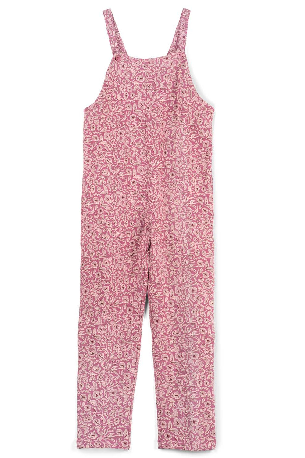 A sleeveless one-piece jumpsuit with thin shoulder straps, featuring an all-over pink and white abstract floral pattern, shown flat against a white background.