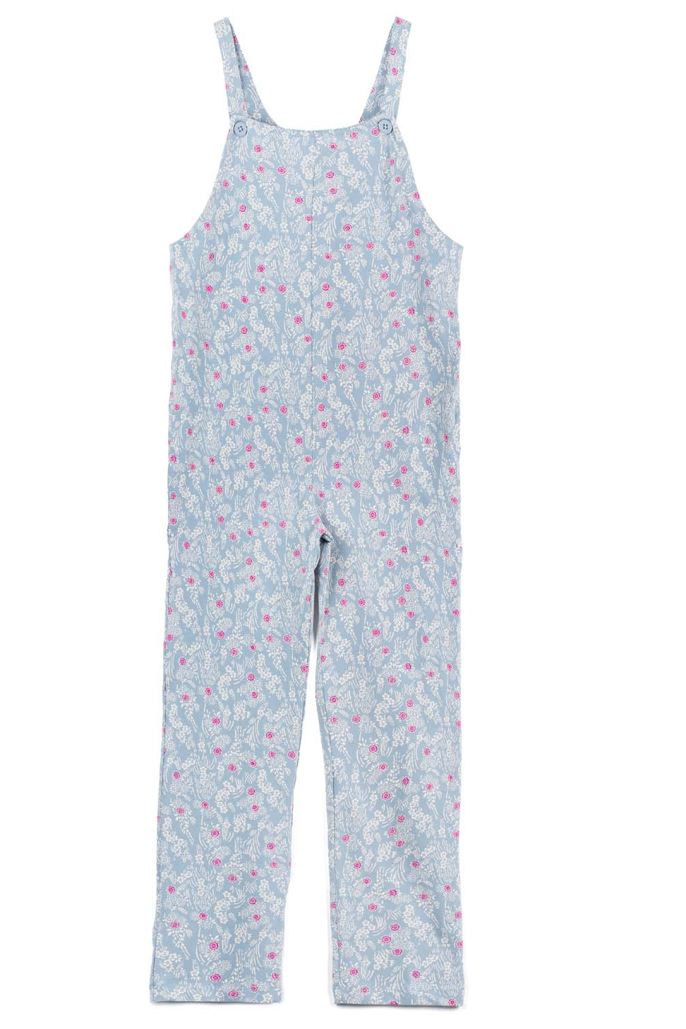 A sleeveless jumpsuit in a light blue and white floral print with small pink accents, shown flat against a white background.