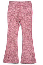 Pink flared pants with an all-over small floral and paisley print in lighter pink and white, shown flat against a white background.