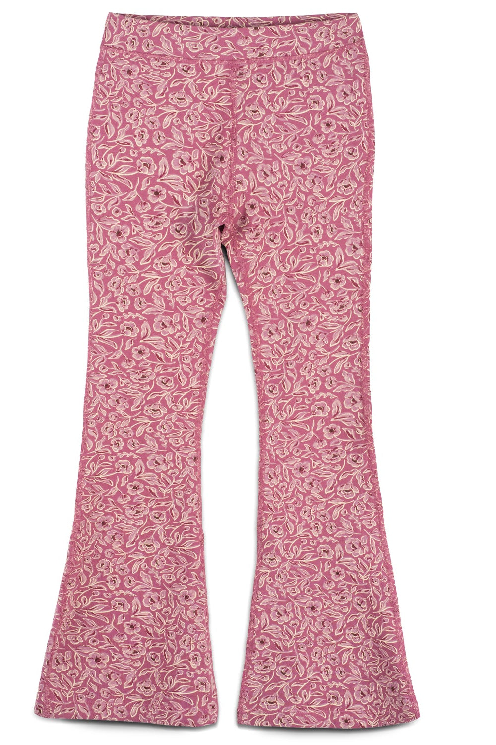 Pink flared pants with an all-over small floral and paisley print in lighter pink and white, shown flat against a white background.