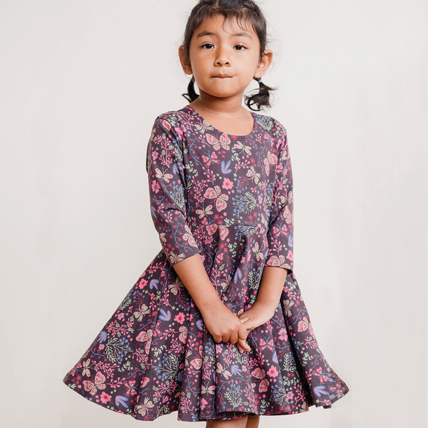 Kids Organic Cotton 3/4 Sleeve Twirl Dress: Flower Child