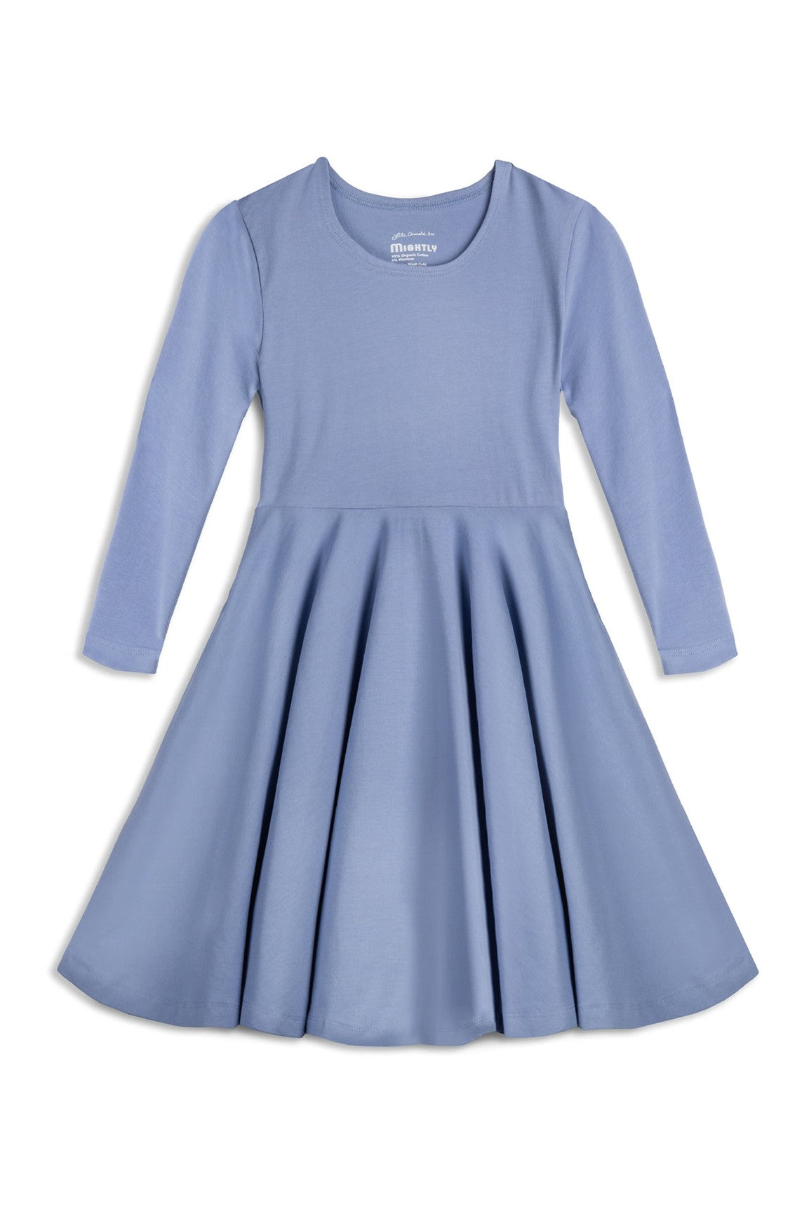 A light blue long-sleeve dress with a round neckline and a flared skirt, shown flat against a white background. 