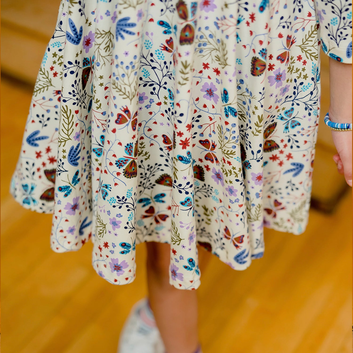 Kids Organic Cotton 3/4 Sleeve Twirl Dress: Botanical Floral