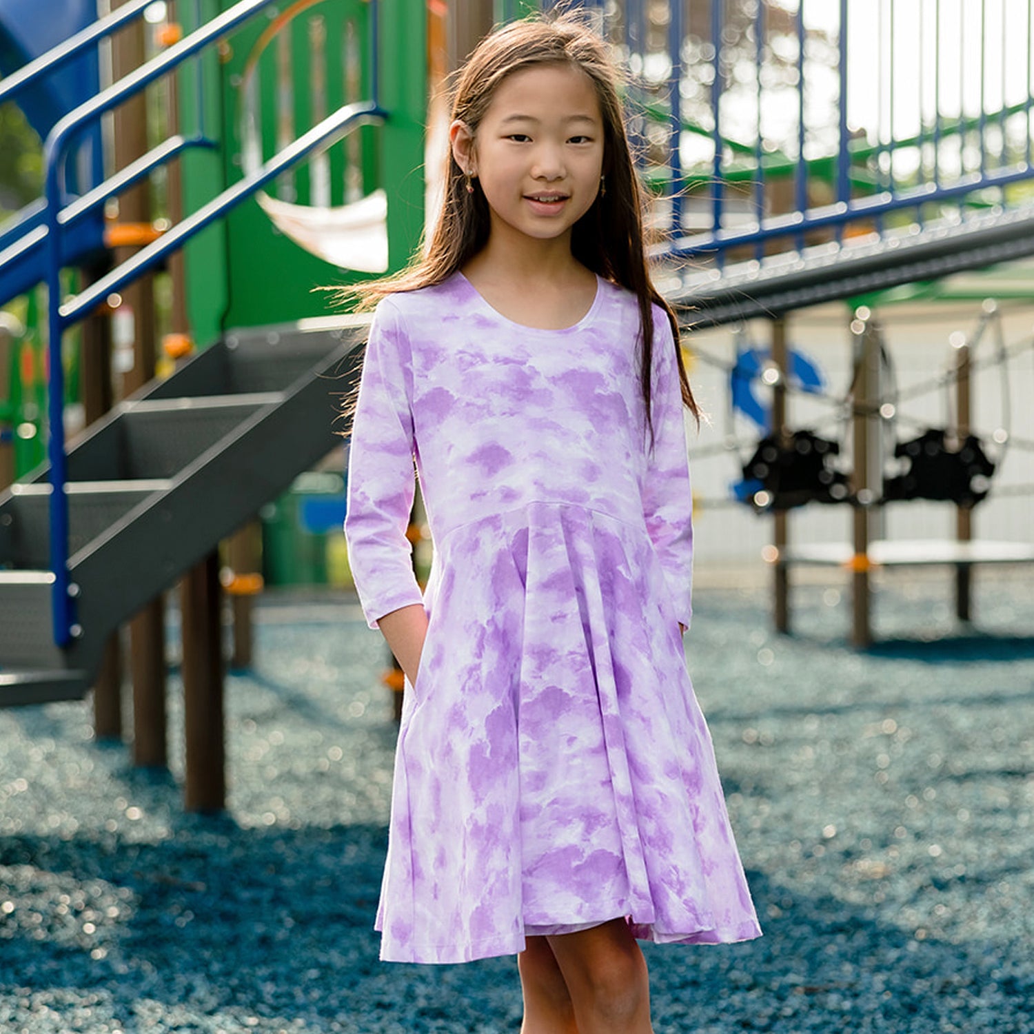 Kids Organic Cotton 3/4 Sleeve Twirl Dress: Lilac Cloud