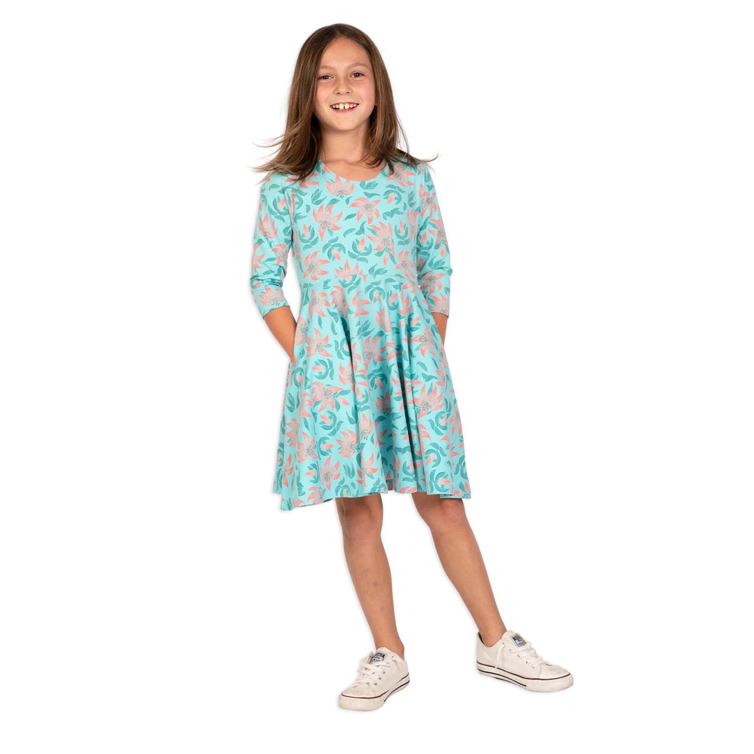 Kids Organic Cotton 3/4 Sleeve Twirl Dress: Tiger Lily - FINAL SALE