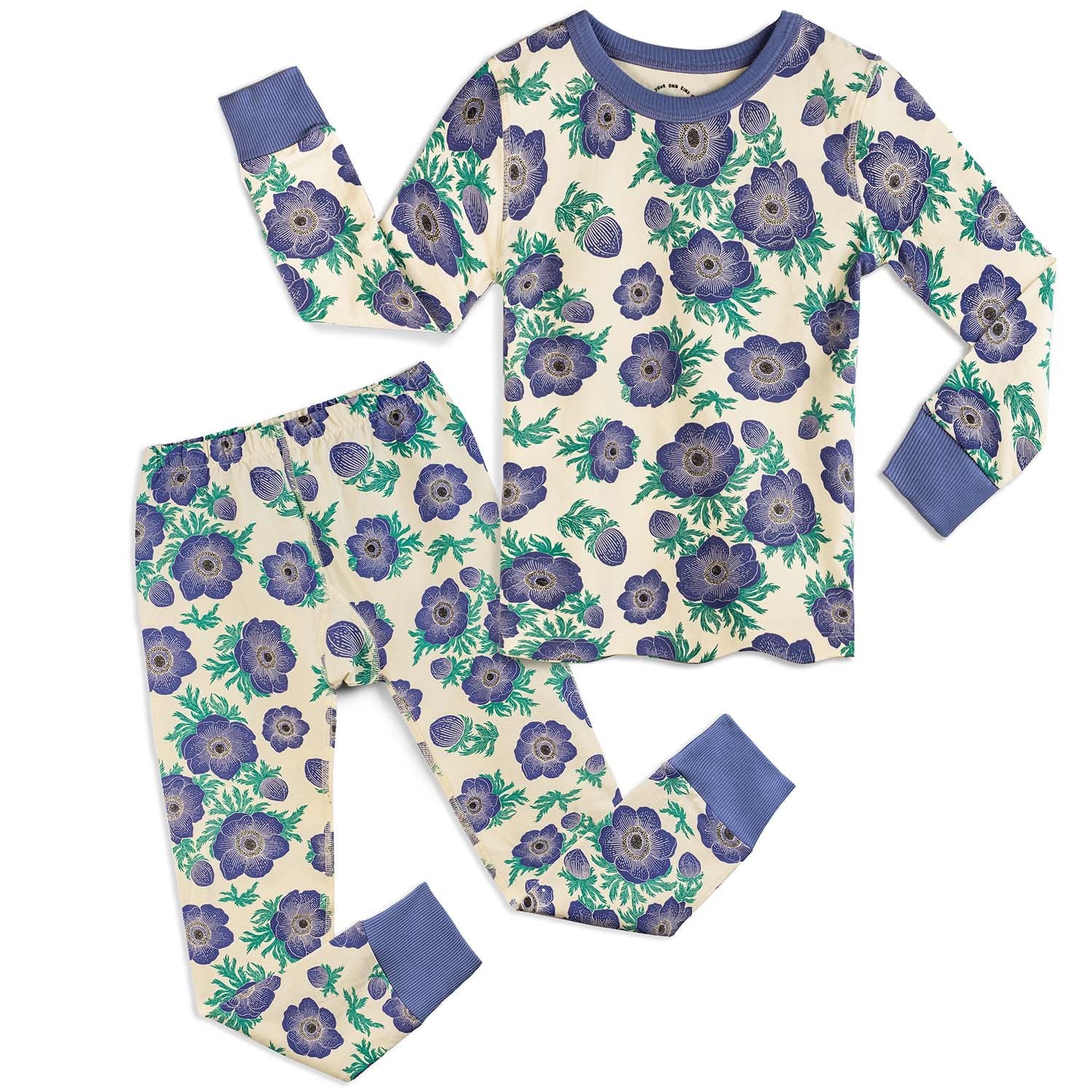 Floral pajama set with purple flowers on a white background