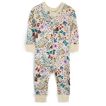 Children's onesie with floral and butterfly pattern on a white background