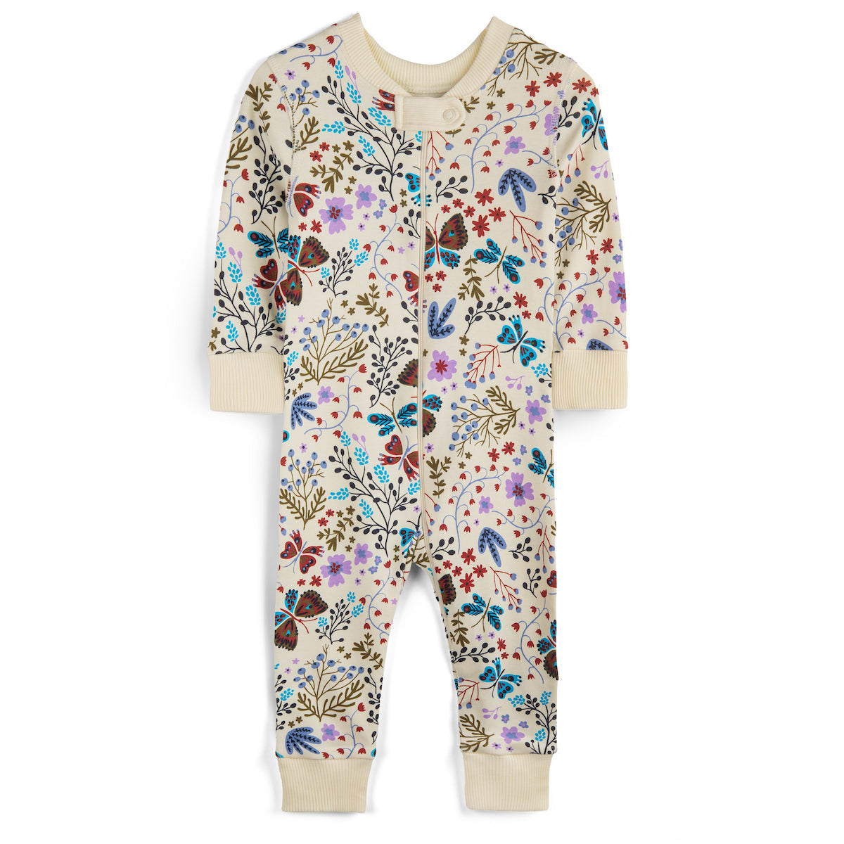 Children's onesie with floral and butterfly pattern on a white background