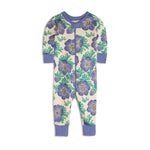 Floral patterned onesie with purple flowers on a white background