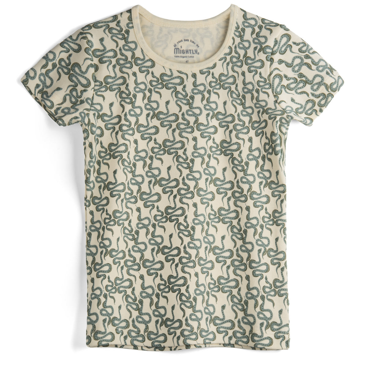 T-shirt with a green snake pattern on a white background