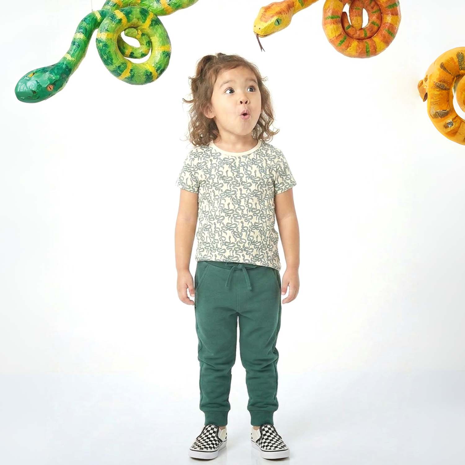 Child wearing a snake print shirt and green pants with snakes in the background