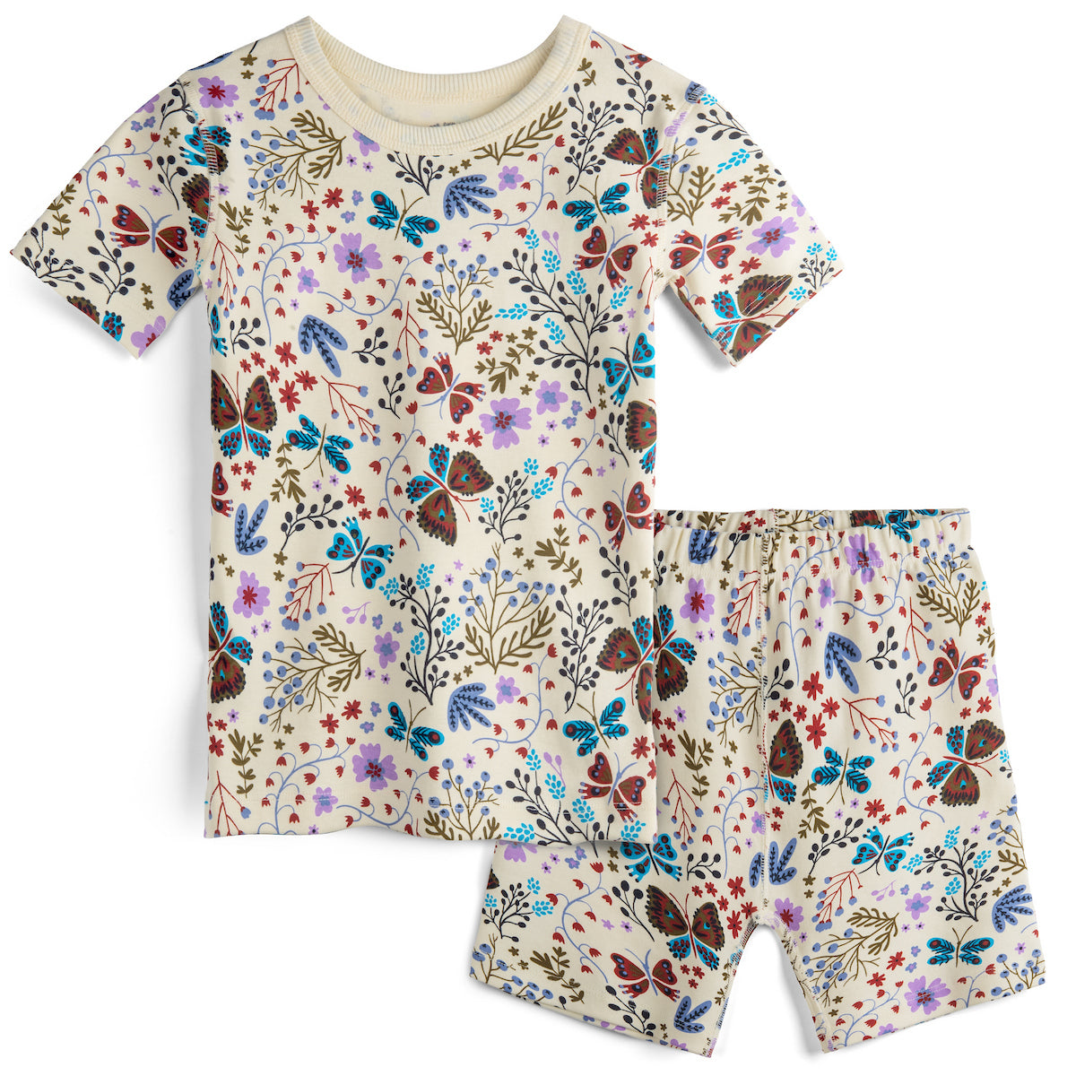 Children's pajama set with floral and butterfly pattern on a white background