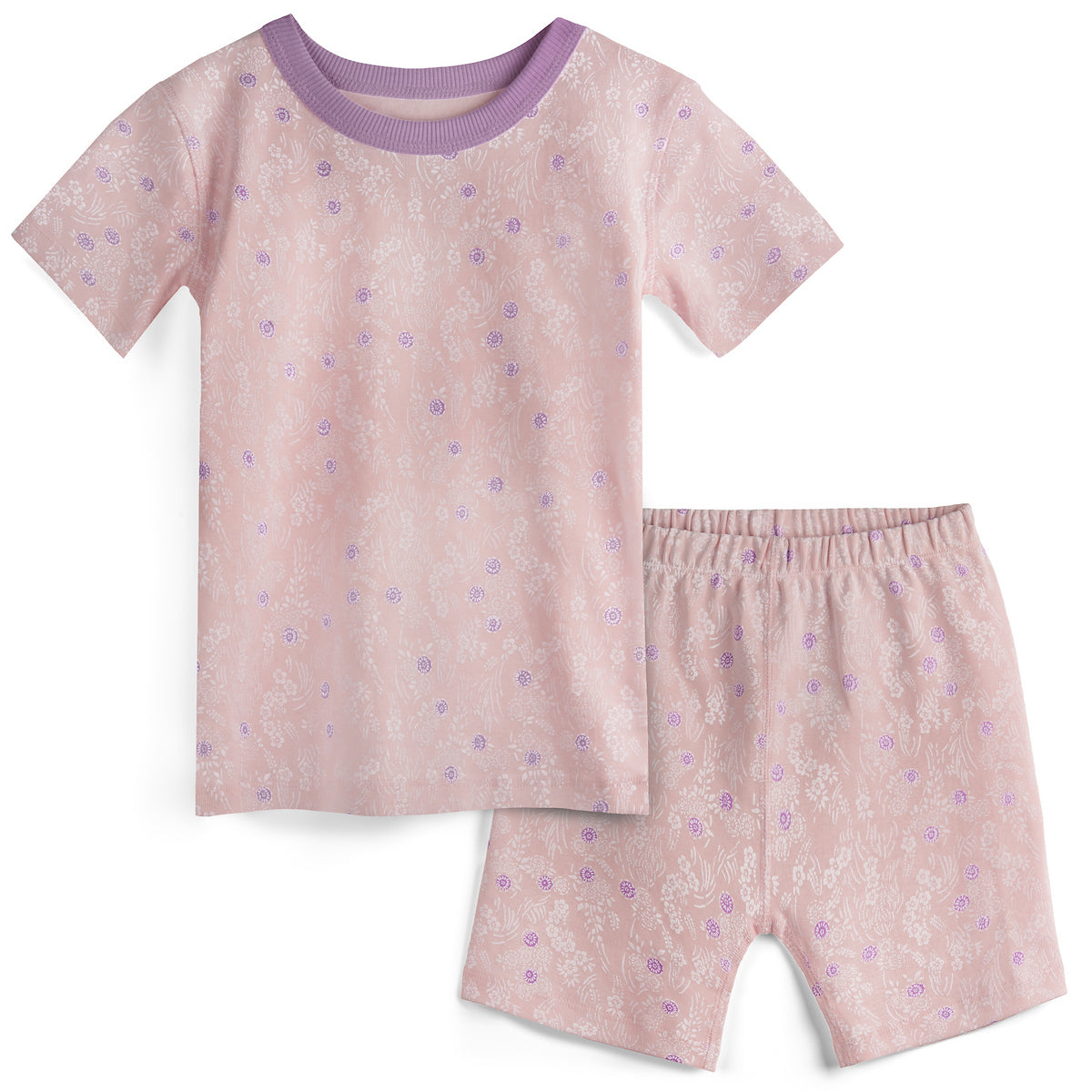 Children's pink floral pajama set with short-sleeve top and shorts on a white background
