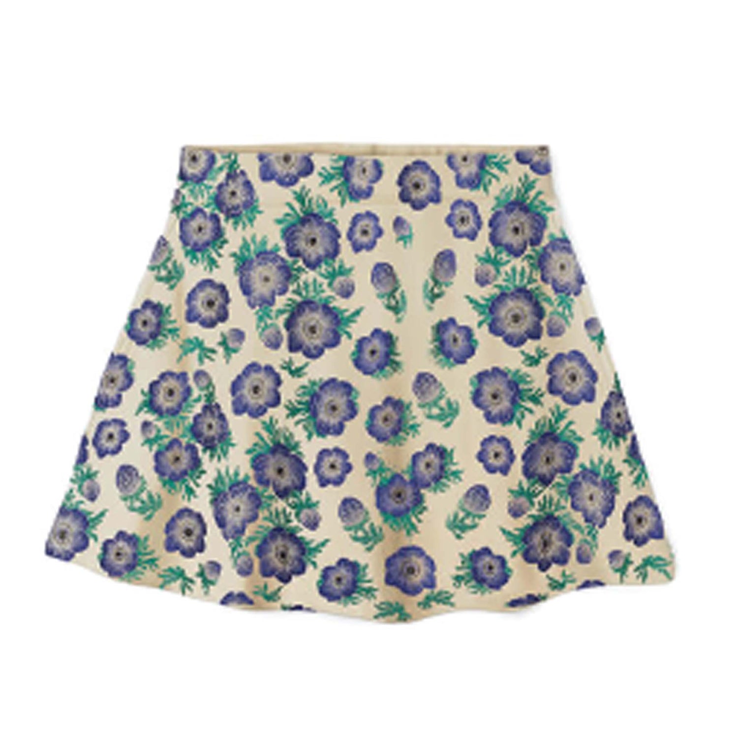 Floral patterned skirt with purple flowers on a white background