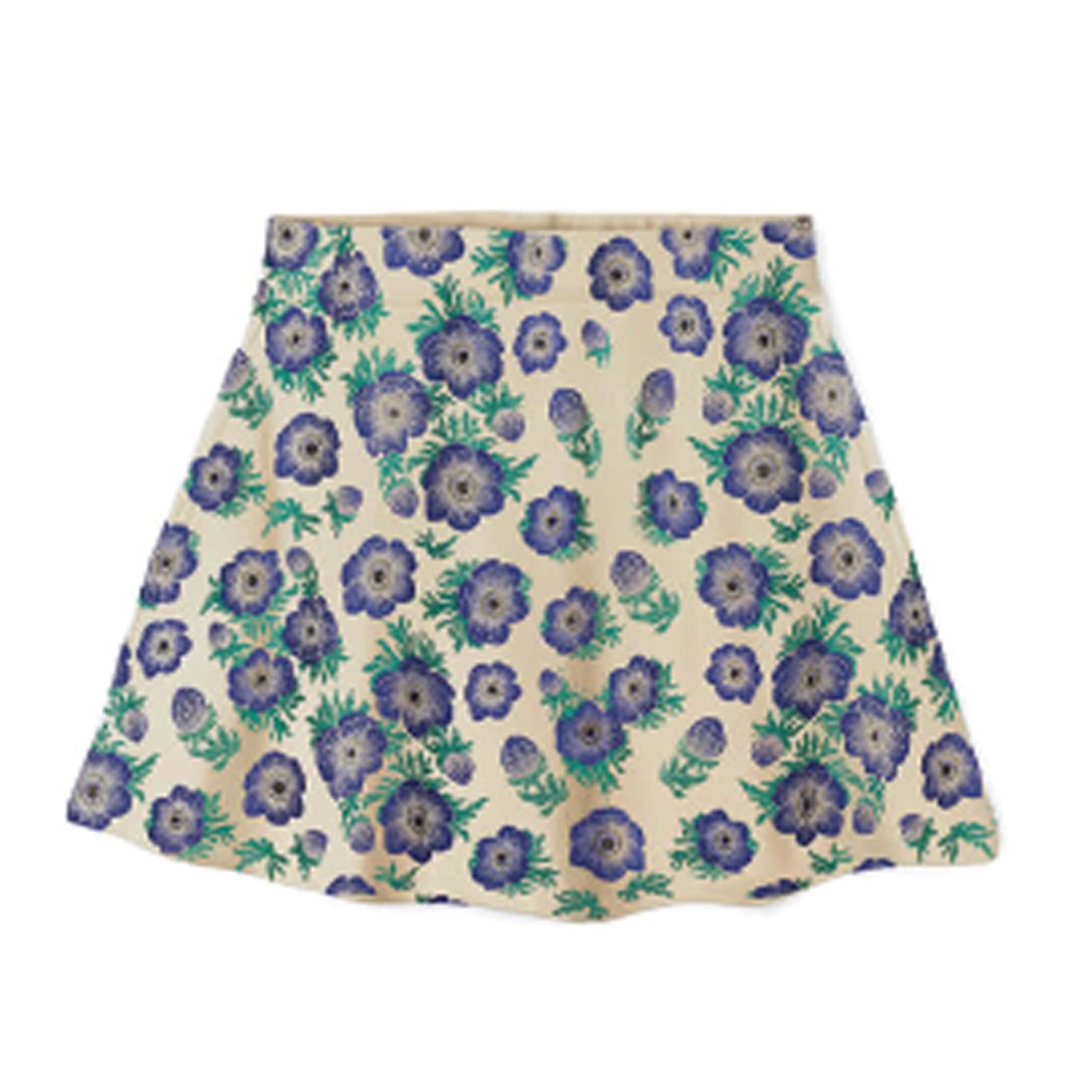 Floral patterned skirt with purple flowers on a white background