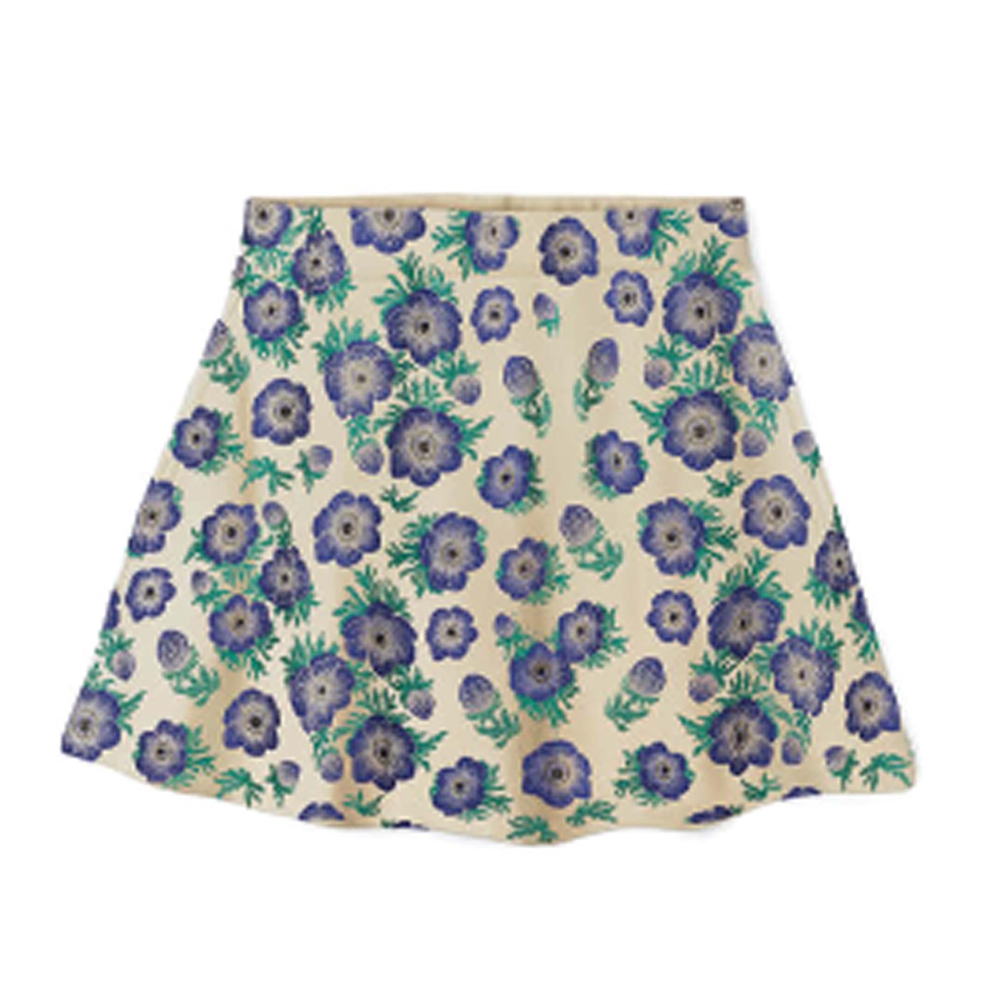 Floral patterned skirt with purple flowers on a white background