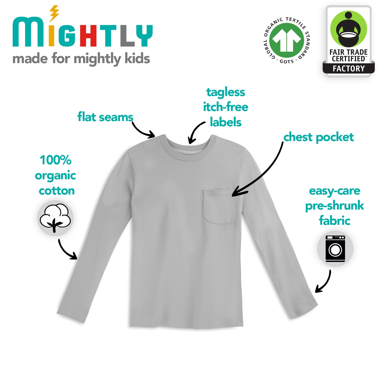 Organic Cotton Kids Shirts - Long Sleeve Pocket Tee