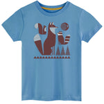Blue t-shirt with fox graphic on a white background