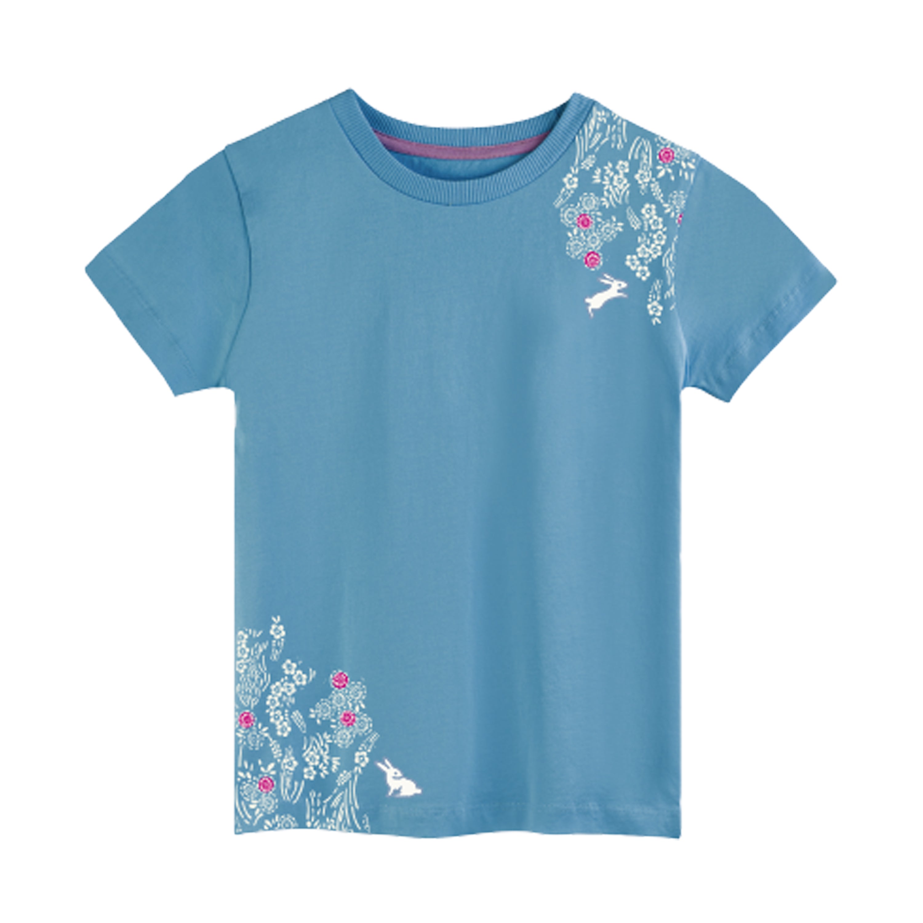 Blue tee shirt with a pink and white print featuring flowers and bunnies on a white background.