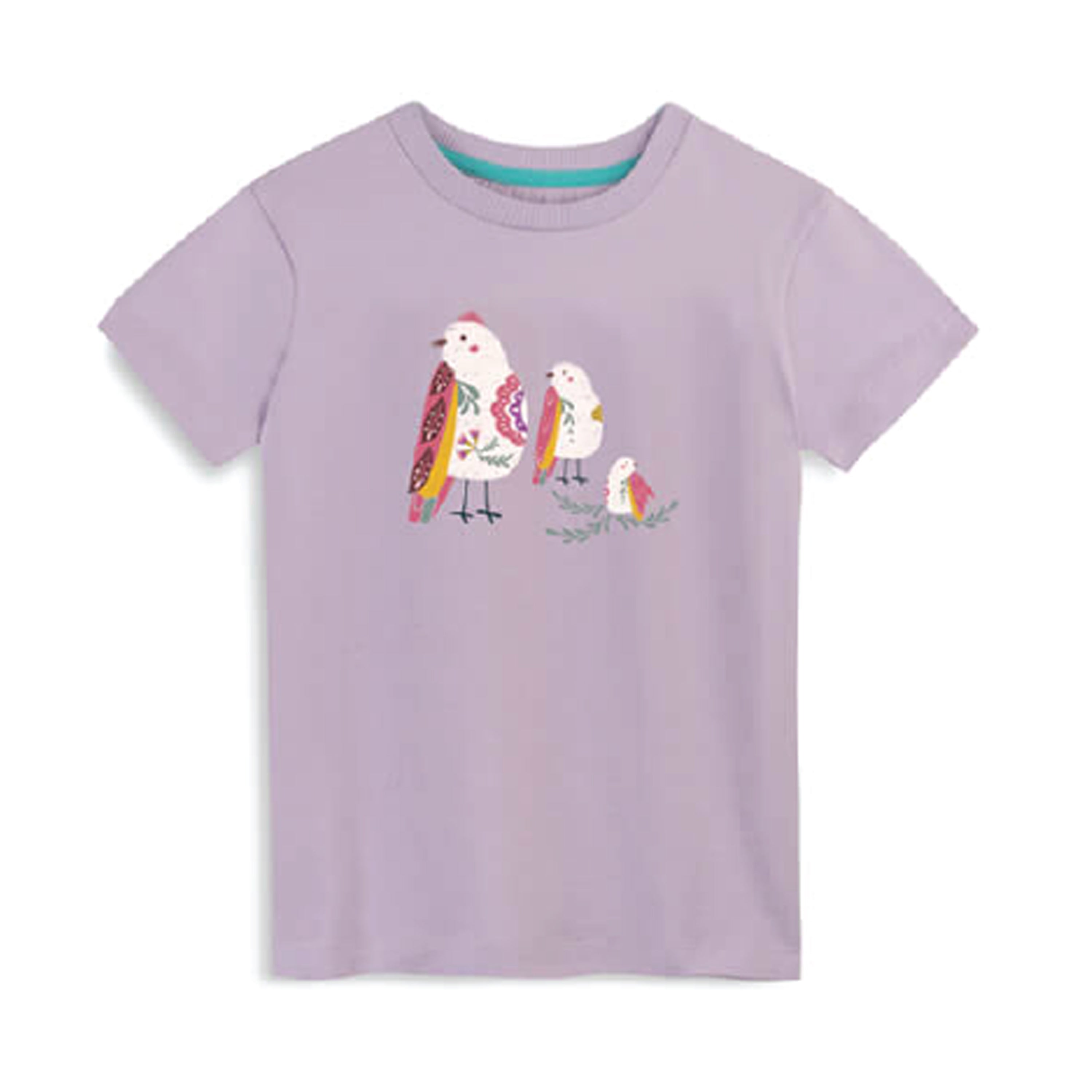 Lilac tee shirt with a colorful bird graphic on a white background