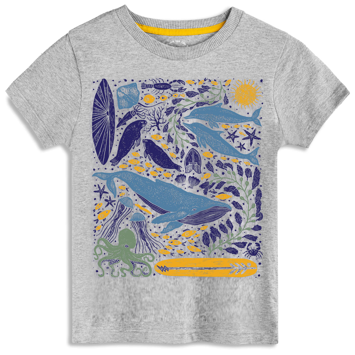 Gray t-shirt with colorful whale graphic design on a white background