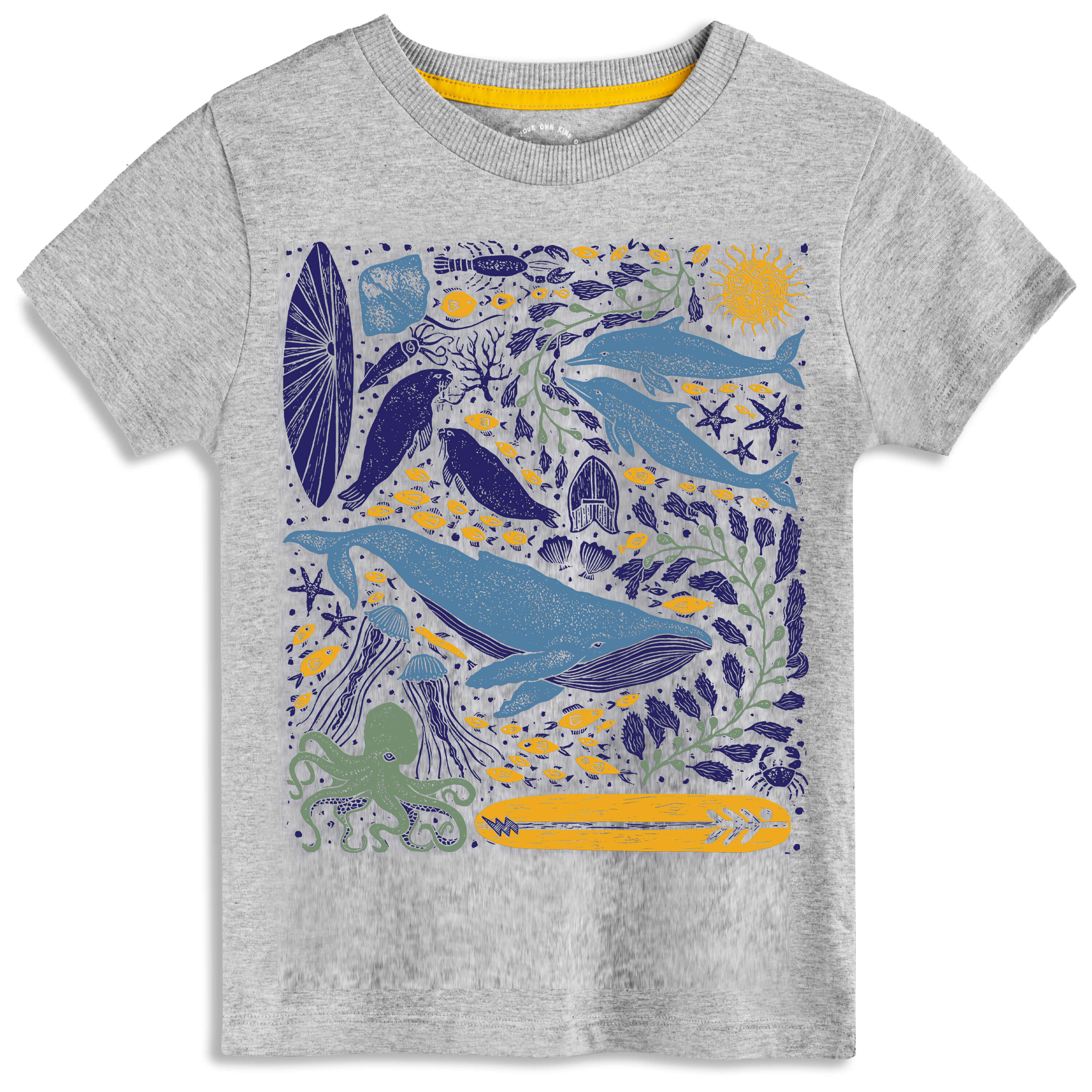 Gray t-shirt with colorful whale graphic design on a white background