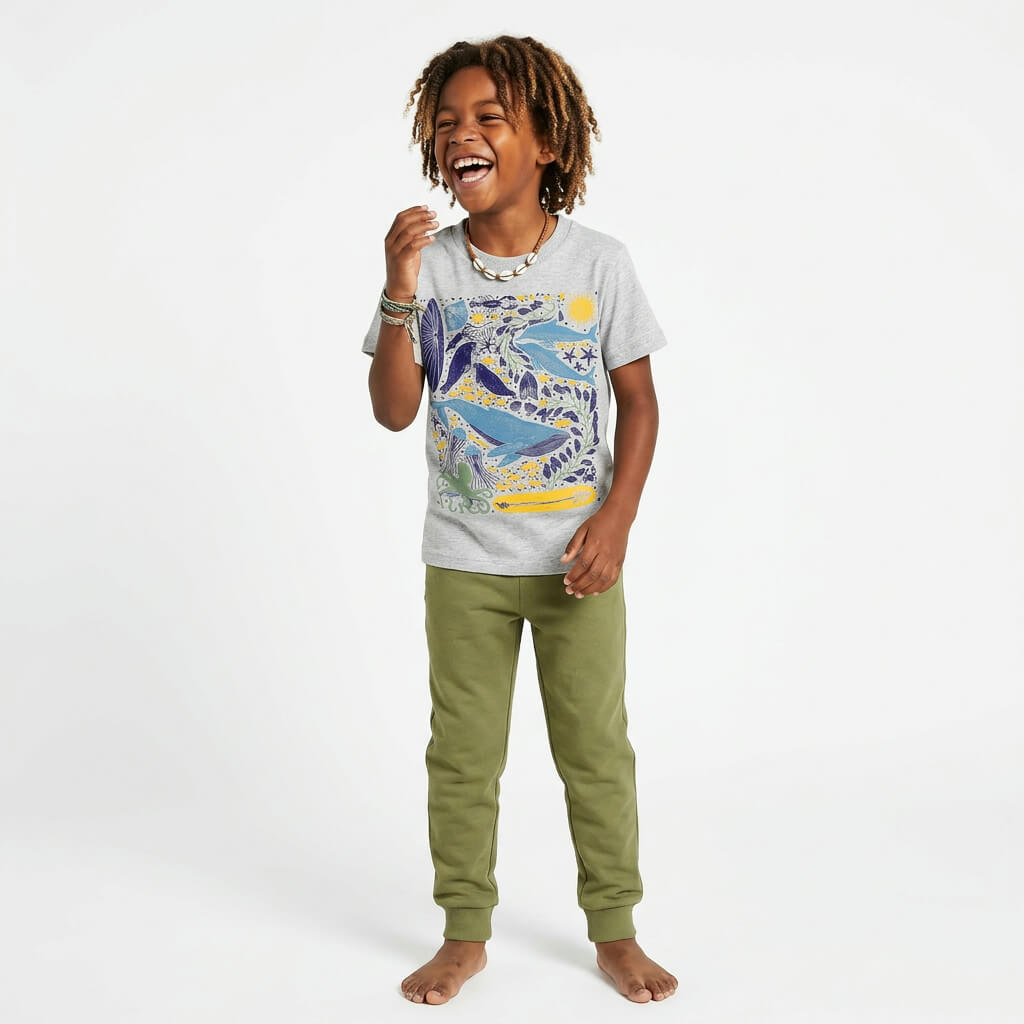 Child wearing a gray t-shirt with a colorful whale design and green pants on a white background