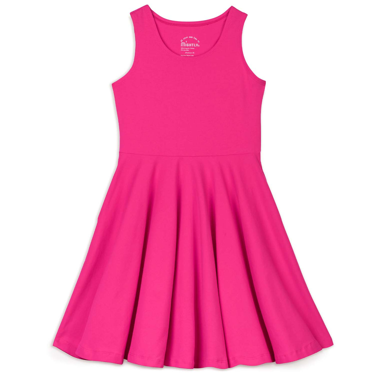 A sleeveless pink twirl dress with side seam pockets made of organic cotton.