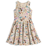 A sleeveless, above-the-knee twirl dress with a floral pattern