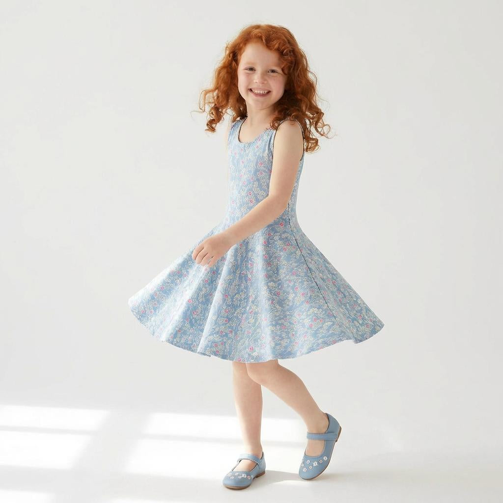 Girls Organic Cotton Sleeveless Twirl Dress: Cherry Blossom