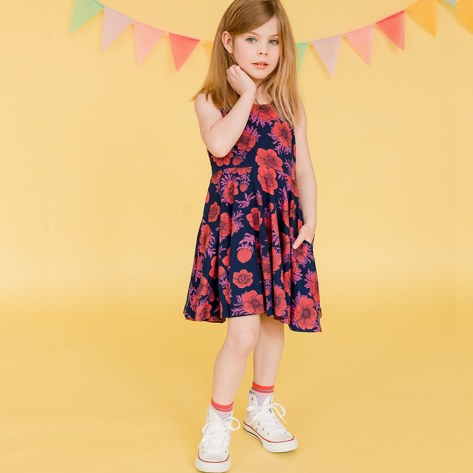 Kids Organic Cotton Sleeveless Twirl Dress - Navy Poppy