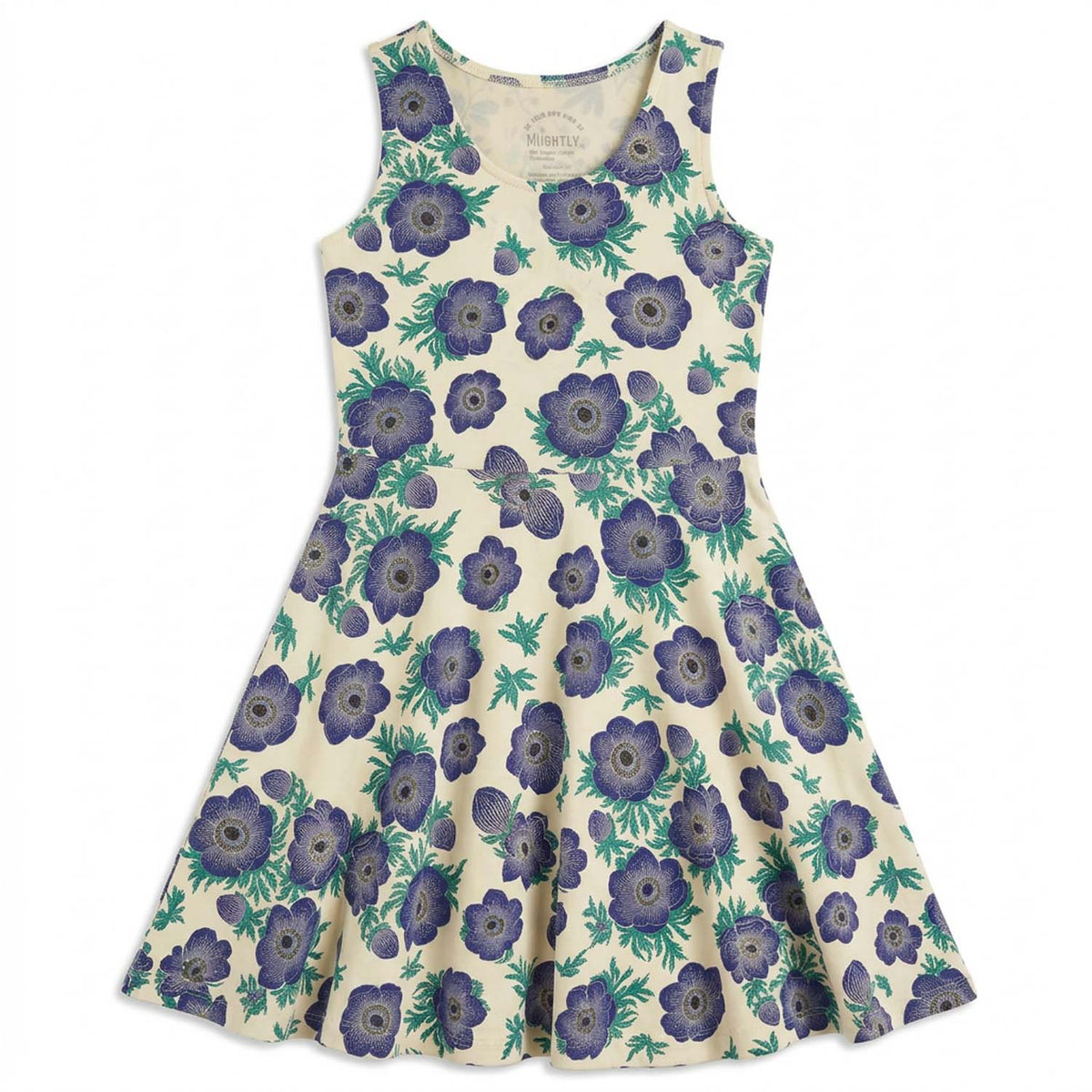 Floral dress with purple flowers on a white background
