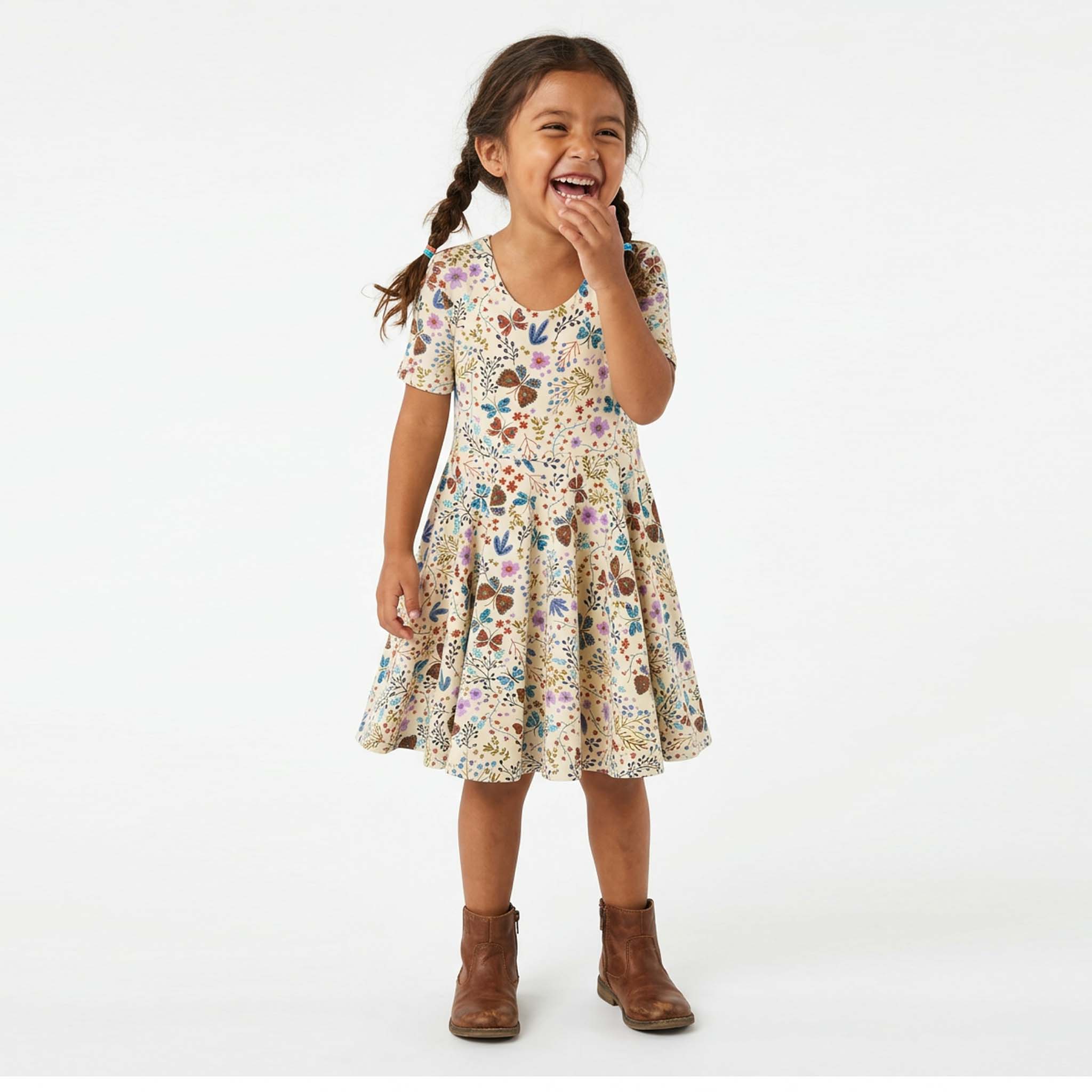 Girls Organic Cotton Short Sleeve Twirl Dress: Botanical Floral