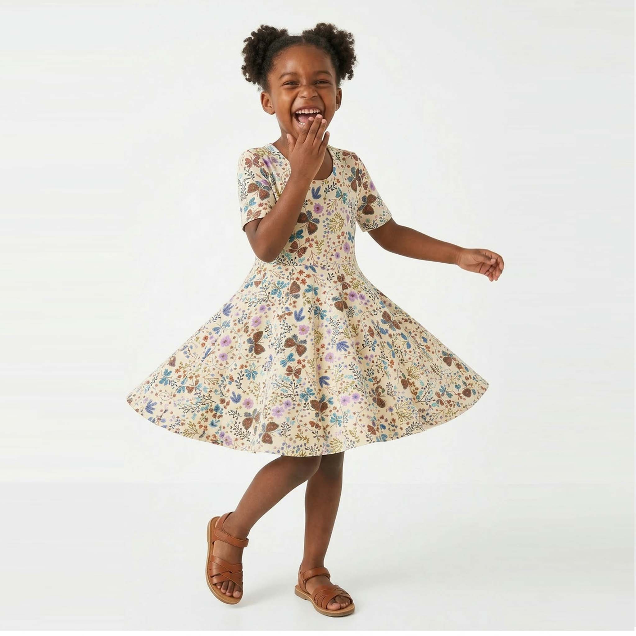 Girls Organic Cotton Short Sleeve Twirl Dress: Botanical Floral