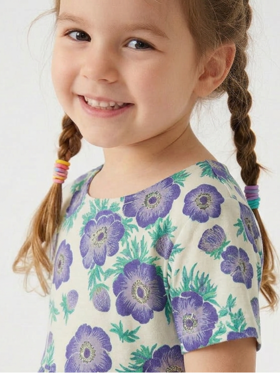 Girls Organic Cotton Short Sleeve Twirl Dress: Purple Poppies