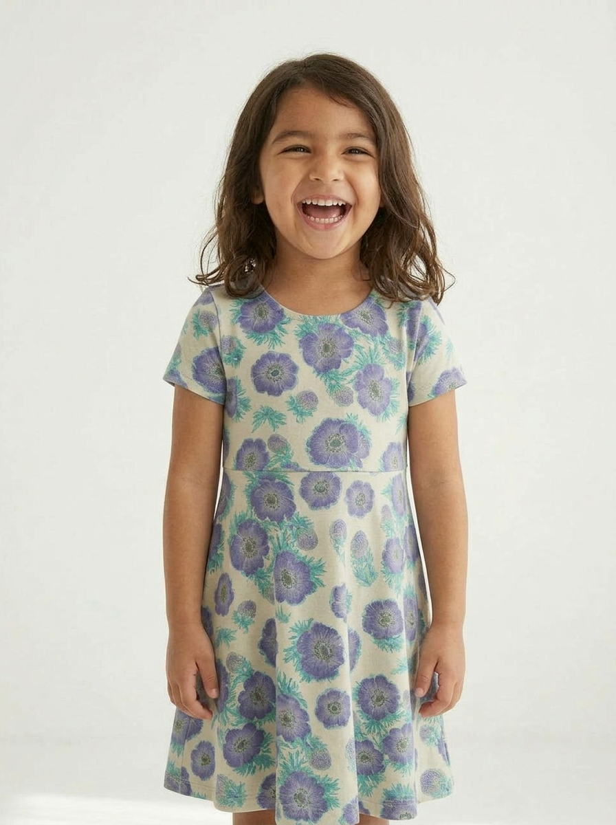 Girls Organic Cotton Short Sleeve Twirl Dress: Purple Poppies