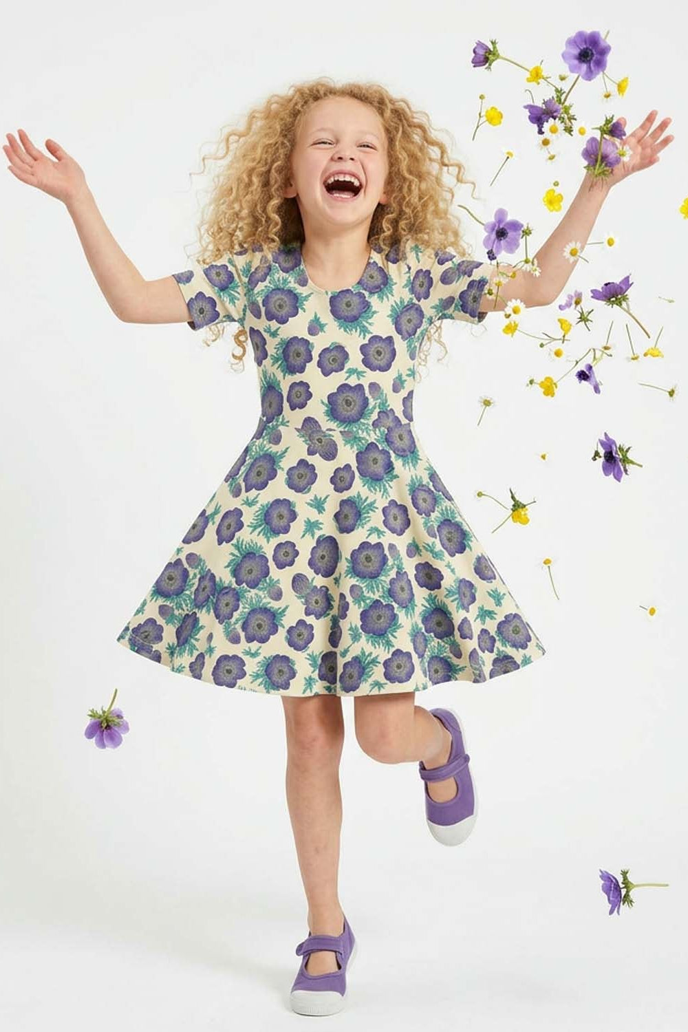 Girls Organic Cotton Short Sleeve Twirl Dress: Purple Poppies