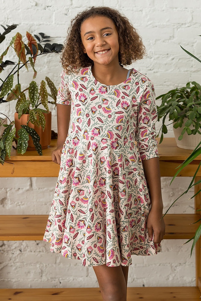 Kids Organic Cotton 3/4 Sleeve Twirl Dress: Folk Floral